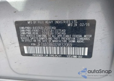 2016 Subaru Wrx из США, поврежденный, VIN JF1VA1B60G9832069